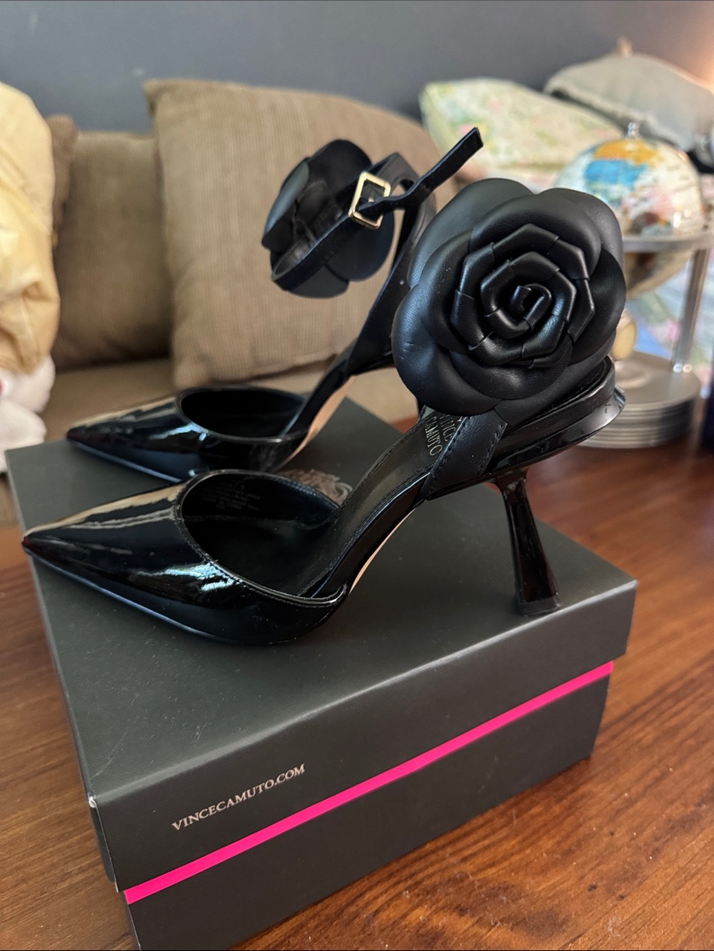 Vince Camuto Black Patent Rose Ankle Strap Heels – Size 7.5
